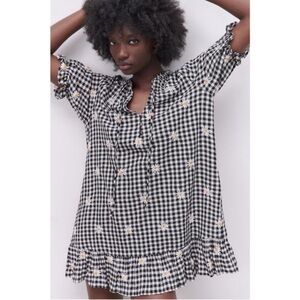 Zara Gingham Embroidered Daisy Peasant Dress